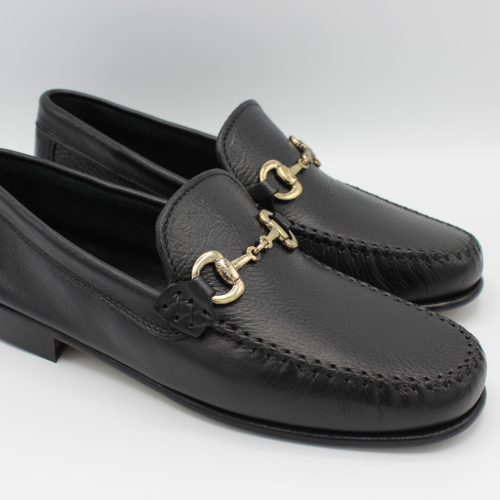 Mocassino artigianale uomo con Morsetto Fondo Cuoio in Vitello Saratoga Nero