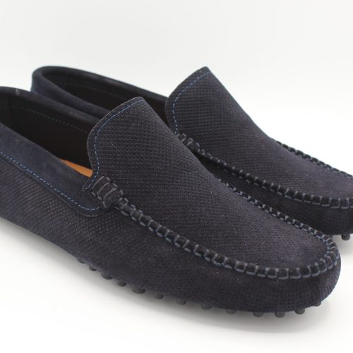mocassino artigianale Andy da uomo con gommini in camoscio traforato blu Sant'Angelo d'Ischia