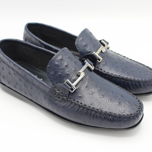 Mocassino uomo blu effetto struzzo con morsetto metallico calzata comoda artigianale Andy Sant'Angelo d'Ischia