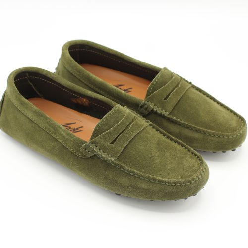 Mocassino artigianale donna Andy (Sant'Angelo d'Ischia) tomaia con mascherina e suola con gommini in morbido camoscio sfoderato verde