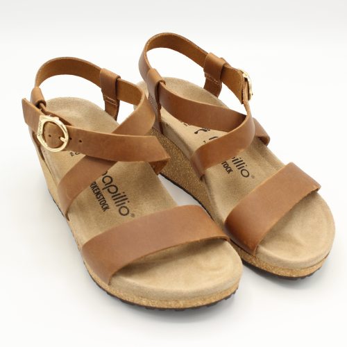 Sandalo Donna papillio Birkenstock zeppa alta pelle cognac plantare anatomico modello sibyl ring - buckle